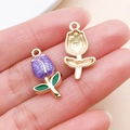 Colgante de tulipán dorado esmaltado con pétalos púrpuras y hoja verde para joyería DIY - Tulipán Púrpura (23516)