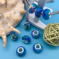 Blue ink pattern DIY large hole bead with silver core for Pandora style jewelry - Ink Wash Bead (16286) / 1 Piece / Sapphire Blue