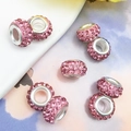 Sparkling pink crystal encrusted large hole beads for DIY charm bracelet jewelry making - 3-Row Rhinestone Large Hole Bead (11549) / 10x10mm (Inner Hole 5mm) / Pink