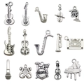 Set of 14 antique silver musical instrument alloy charms including guitar and violin - Musical Instrument Collection Mixed (SN07)