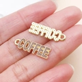 Brown enamel and gold coffee themed alloy pendants with top hanging ring for DIY - Brown Enamel COFFEE Lettering Style