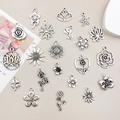 Assorted vintage silver alloy flower pendants featuring rose and daisy designs for DIY jewelry - Mixed Floral Series (20 Pack)