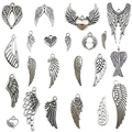 Assorted antique silver alloy angel wing pendants with detailed feather textures - 20 Models Mixed Wing Series