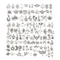Gedetailleerde weergave van 100 diverse vintage zilveren bedeltjes voor DIY-sieraden - Gemengde Antiek Zilveren Stijl (M289)