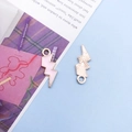 Pink enamel lightning bolt charm with gold frame and silver textured back for jewelry DIY - Pink (12441)
