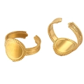 Adjustable golden stainless steel open rings with beaded round blank bezel base - DIY Beaded Base (40221-1) / Gold