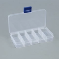 Vista dettagliata della scatola portaoggetti trasparente a 10 scomparti con chiusura blu - Bianco