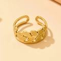 Detailed close-up of golden stainless steel olive leaf ring with adjustable open band - Leaf Olive Branch Style (40314-1)