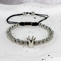 Pulsera retro de cuentas de acero inoxidable con corona y cordón negro ajustable unisex - Pulsera de cuentas tejida / Corona de Plata