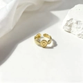Anillo ajustable de oro con hojas de laurel y texturas de cuentas estilo vintage - Estilo Hoja Vintage Medallón Redondo - Dorado (40448-1)