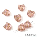 Pink cat-shaped glass beads 12x13mm with gold facial details for jewelry making - Vintage Cat