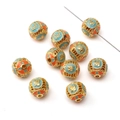 Golden alloy cloisonne enamel beads with fortune characters for DIY jewelry making - Color Series - Lucky Wealth Round Bead / 1 Piece (Diameter 10mm/Hole 1.5mm) / Orange Blue