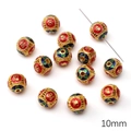 Hollow 10mm golden cloisonne bead with enamel patterns and Chinese lucky characters - Fortune Lucky Round Bead / 10mm (1 Piece) / Red and Green