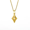 Detailed view of gold rhombus pendant with oval cubic zirconia on fine cross chain - Gold White Gem