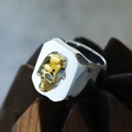 Macro shot of two-tone steel signet ring with gold skull on a wooden display - US 7 / Two-tone Gold and Silver