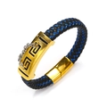 Detail of braided black leather bracelet with gold plate and engraved Greek pattern - Black and Blue Braided