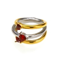 Set di 3 anelli impilabili con pietre rosse a cuore e fasce testurizzate oro e argento - Bicolore Oro Argento Zircone Rosso