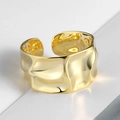 Minimalist wide gold open ring with irregular hammered texture and liquid metal finish - Adjustable Open / Gold (Irregular Textured Wide)