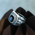 Macro shot of retro eagle ring with black gemstone and engraved High School text - 7 / Steel Color Black Gemstone