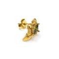 Detailed close-up of a golden gothic stud earring with a square green zircon inlay - Gold Olive Green Zirconia