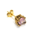Detail view of pink zircon stud earring with retro gold crown claw setting in titanium steel - Gold Pink Zirconia