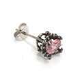 Detail view of pink oval zircon stud earring in a vintage oxidized claw setting - Stainless Steel Silver Color Pink Zirconia
