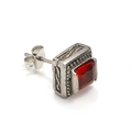 Vintage punk titanium steel stud earring with square red zircon and retro silver texture - Steel Red Zircon