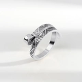 Silver feather ring with ball charm and adjustable open band in vintage metal finish - Knitting Loop Helper Silver