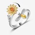 Bague rotative tournesol et abeille avec cristaux étincelants pour soulager le stress - Ouvert Réglable / Tournesol Pivotant Spinner (JZ3805P-2-SL21)