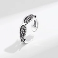 Retro S925 sterling silver angel wing open ring with vintage feather texture detail - Adjustable Open / Thai Silver