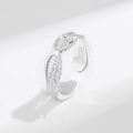 Silver angel wing open ring in S925 sterling silver with detailed feather textures - Adjustable Open / Silver