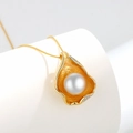 Gold irregular petal pendant necklace with large white pearl and sparkling crystals - Yellow Gold (Pendant Only Without Chain)