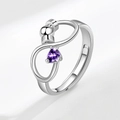 Adjustable S925 sterling silver spinning ring with purple heart zircon and slide bead - Open Adjustable / February (Dark Purple)