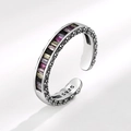 Adjustable S925 sterling silver ring featuring colorful rectangular zircon stones and vintage engraving - Adjustable Open / Thai Silver