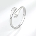 Minimalist S925 sterling silver hugging hands open ring with a polished mirror finish - Adjustable Open Size / Silver