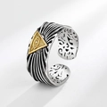 Vintage oxidized silver ring featuring golden Eye of Providence with radial texture - Adjustable Open / Thai Silver