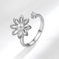 Rotating open ring with daisy flower design, white pearl, and shimmering zircon accent - Adjustable Open / Platinum