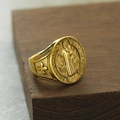 Macro shot of Saint Benedict medal ring featuring vintage gold relief and cross details - Size 7 / Gold