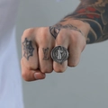 Close-up of Saint Benedict medal ring in vintage silver steel on model's hand - Size 7 / Steel