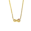 Macro detail of infinity pendant featuring pink cubic zirconia and 18k gold plated chain - Gold Pink Zirconia