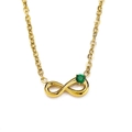 Detail of infinity gold necklace featuring a round green zircon pendant on white background - Gold Green Zirconia