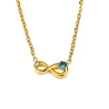 Close-up of golden infinity symbol pendant with a round dark blue gemstone on a link chain - Gold Aqua Blue Zirconia