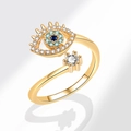 Anillo abierto de ojo turco dorado con zafiros azules y piedras de circón blanco - Ajustable / Ojo Entrelazado Clásico (PNJ796) / Chapado en oro 18K