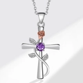 Collana a croce in argento e oro rosa con gemma viola e dettaglio a forma di rosa - XZ442 Croce Rosa Pietra Viola (Ciondolo Solo)
