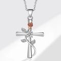 Collana con ciondolo a croce e fiore in oro rosa con zircone bianco lucido argento - XZ442 Croce Rosa Pietra Bianca (Ciondolo Solo)