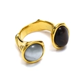Vergoldeter offener Ring mit zwei ovalen Edelsteinen in Grau und Dunkelbraun für Damen - Gold Stil 9 (Grauer und Schwarzer Stein)