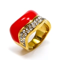 Detailed macro of a gold-plated 18K ring with red enamel finish and sparkling zircon stones - US 6 / Gold Red Oil Drip
