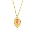 Close-up of gold stainless steel necklace with pink natural stone pendant and radial texture - Gold Pink Cat Eye Stone