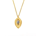 Macro view of gold stainless steel necklace featuring sunburst texture and oval cat eye stone - Gold Grey Cat's Eye Stone