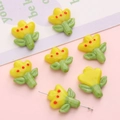 Yellow tulip glass beads for DIY jewelry with retro petals and green leaf stem details - 1 Piece (18x22mm) / Yellow